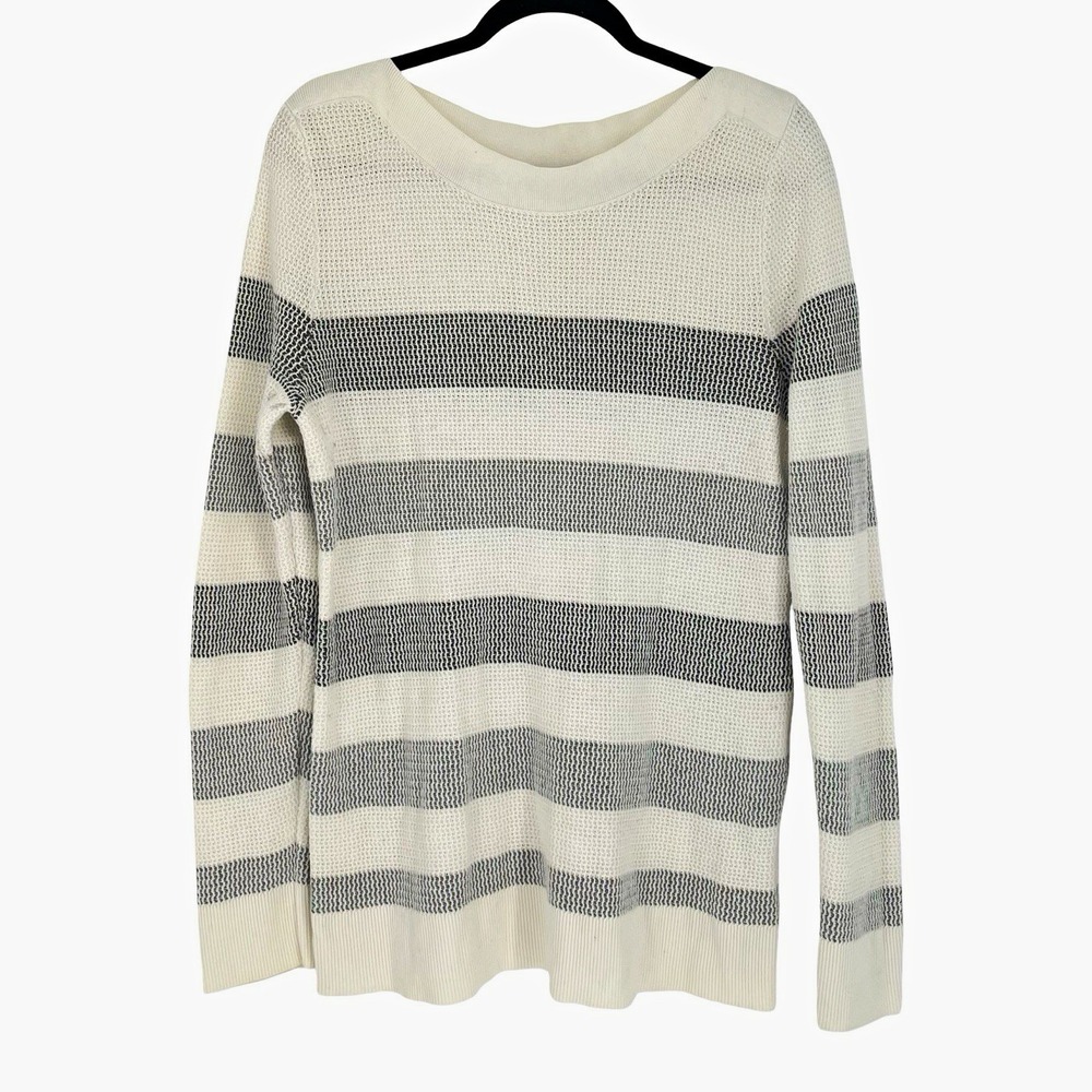 Market & Spruce Women's L Cream Gray Striped Open Knit Sweater Coastal Boho